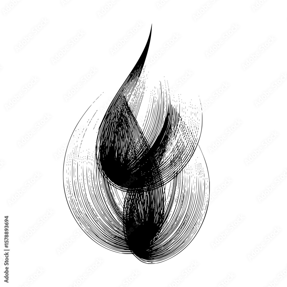 Poster abstract teardrop shape formed by overlapping black brushstrokes on a white background creating text