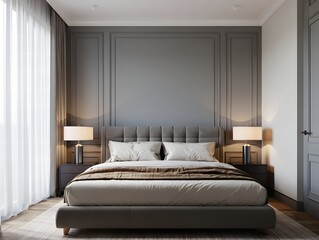 Luxurious bedroom interior with a tufted upholstered bed and elegant wall paneling
