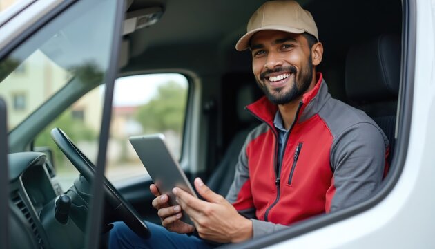 Happy Indian courier uses tablet van. Smiling man driver checks delivery route. Pro delivery service in city. Fast logistics, online orders, modern technology.