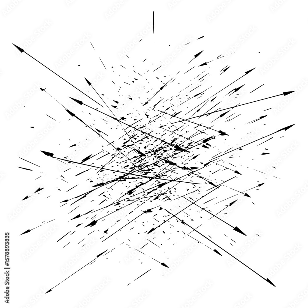 Poster a chaotic array of black arrows converging towards a central point with scattered grunge elements ar