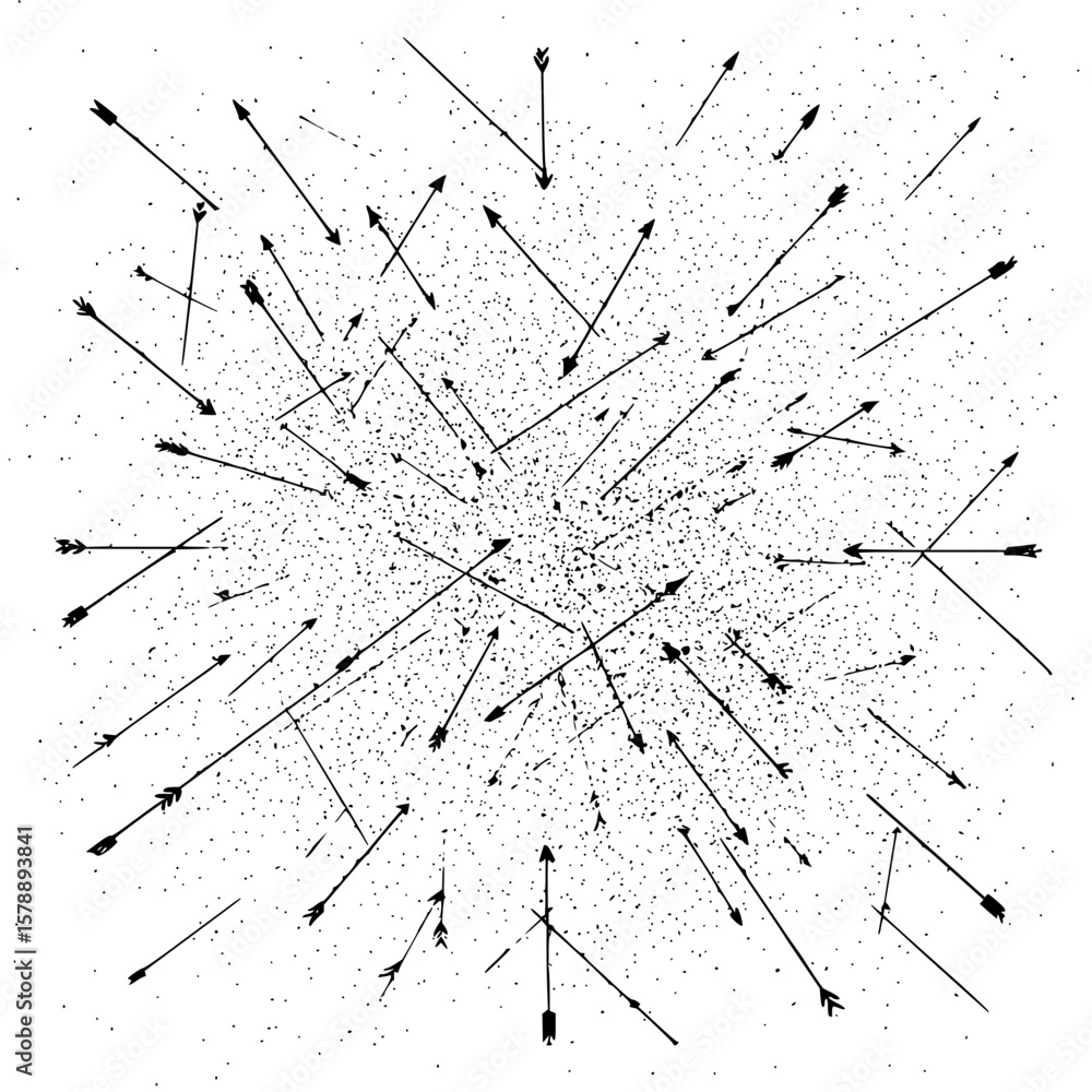 Poster scattered arrows radiating from a central point in a chaotic and dynamic arrangement design element