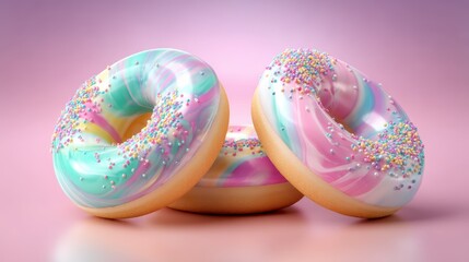 Three glazed donuts with pastel colors on white background