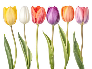 Six colorful tulips in a row with yellow white orange purple and pink on a plain white background