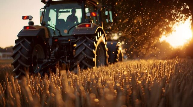 Tractor Driving Through Golden Wheat Fields at Sunset - Peaceful Agricultural Landscape
