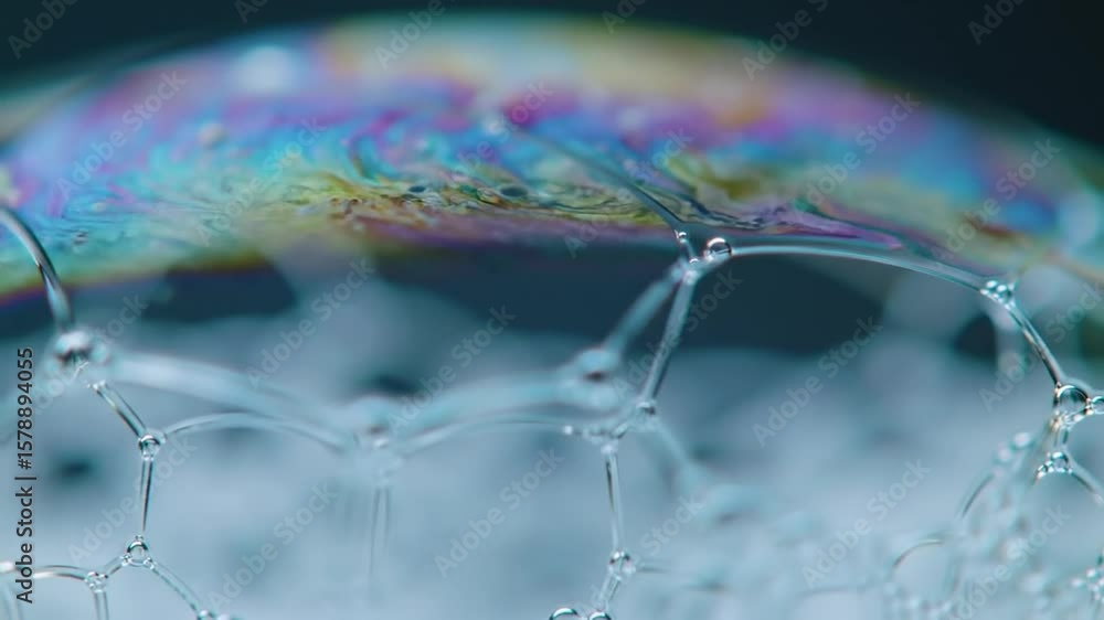 Aufkleber iridescent soap bubble macro photography displaying rainbow colors and bubble network on soft dark b