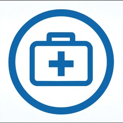 Obraz premium Blue medical kit icon with handle and prominent cross, centered in thick circular border on white background, symbolizing first-aid services.