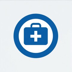 Obraz premium Simple flat-style blue first-aid kit icon with white cross, handle on top, encircled by thick blue ring, clean design on white background.