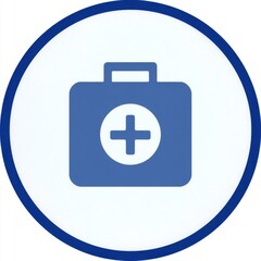Obraz premium Simple flat-style blue first-aid kit icon with white cross, handle on top, encircled by thick blue ring, clean design on white background.
