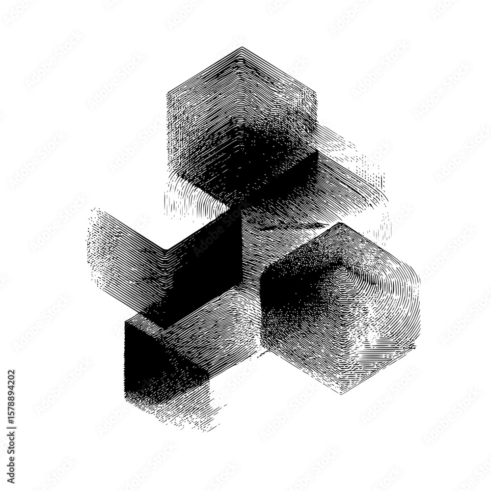 Poster abstract black and white rendering of textured cubes stacked in a geometric arrangement on white bac