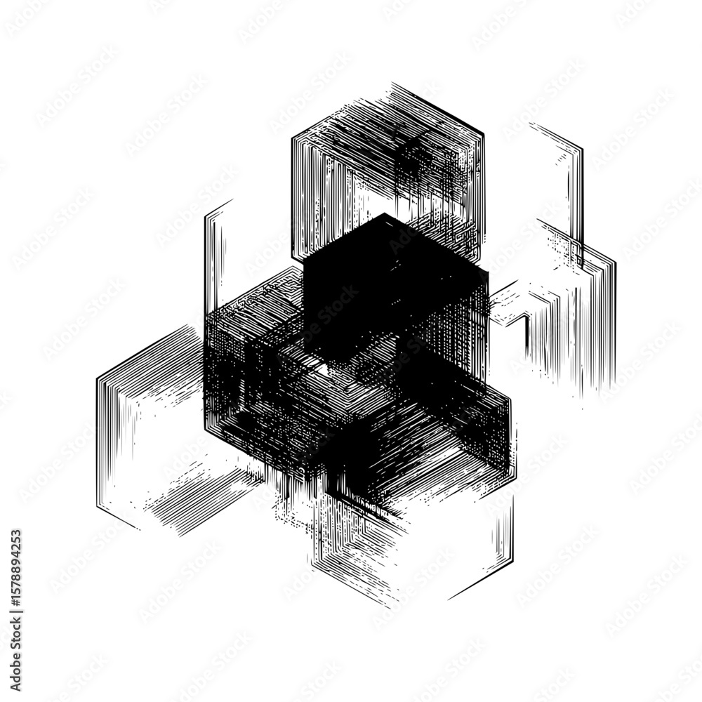 Poster abstract composition of cubes with brush stroke texture in black and white artistic rendering style