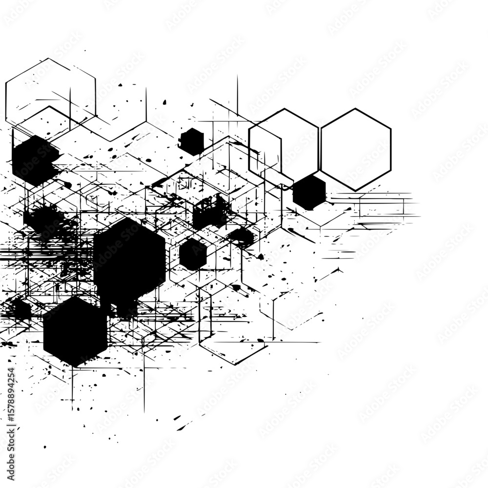 Poster abstract geometric design featuring hexagons lines and splatters in a monochrome black and white sty