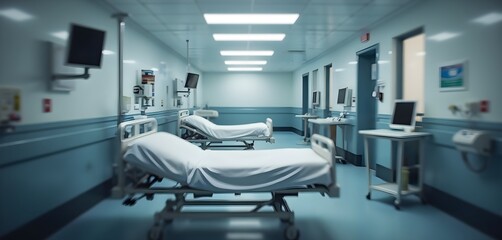 A hospital room with two hospital beds and monitors