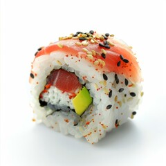 Fresh uramaki sushi roll with tuna, avocado, sesame seeds, and fish eggs, creating a visually appealing japanese culinary delight