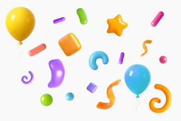 3D colorful balloons with festive confetti on white background
