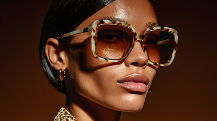 sleek, modern portrait of a woman wearing oversized square sunglasses with a striking tortoiseshell and cream frame. The angular design adds a sophisticated touch