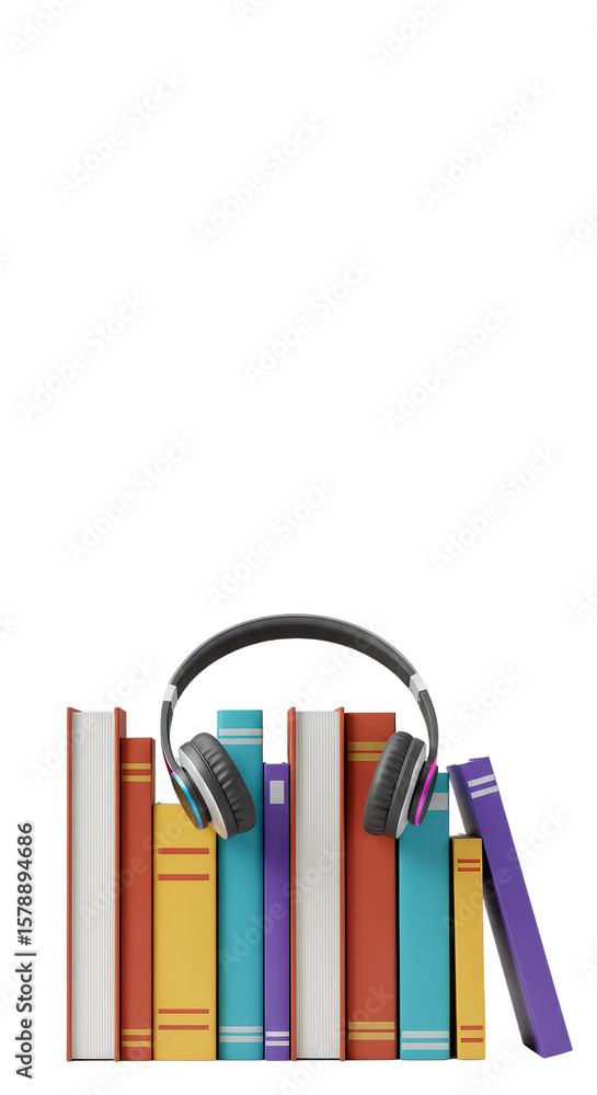 Poster books with headphone stack isolated transparent background 3d rendering