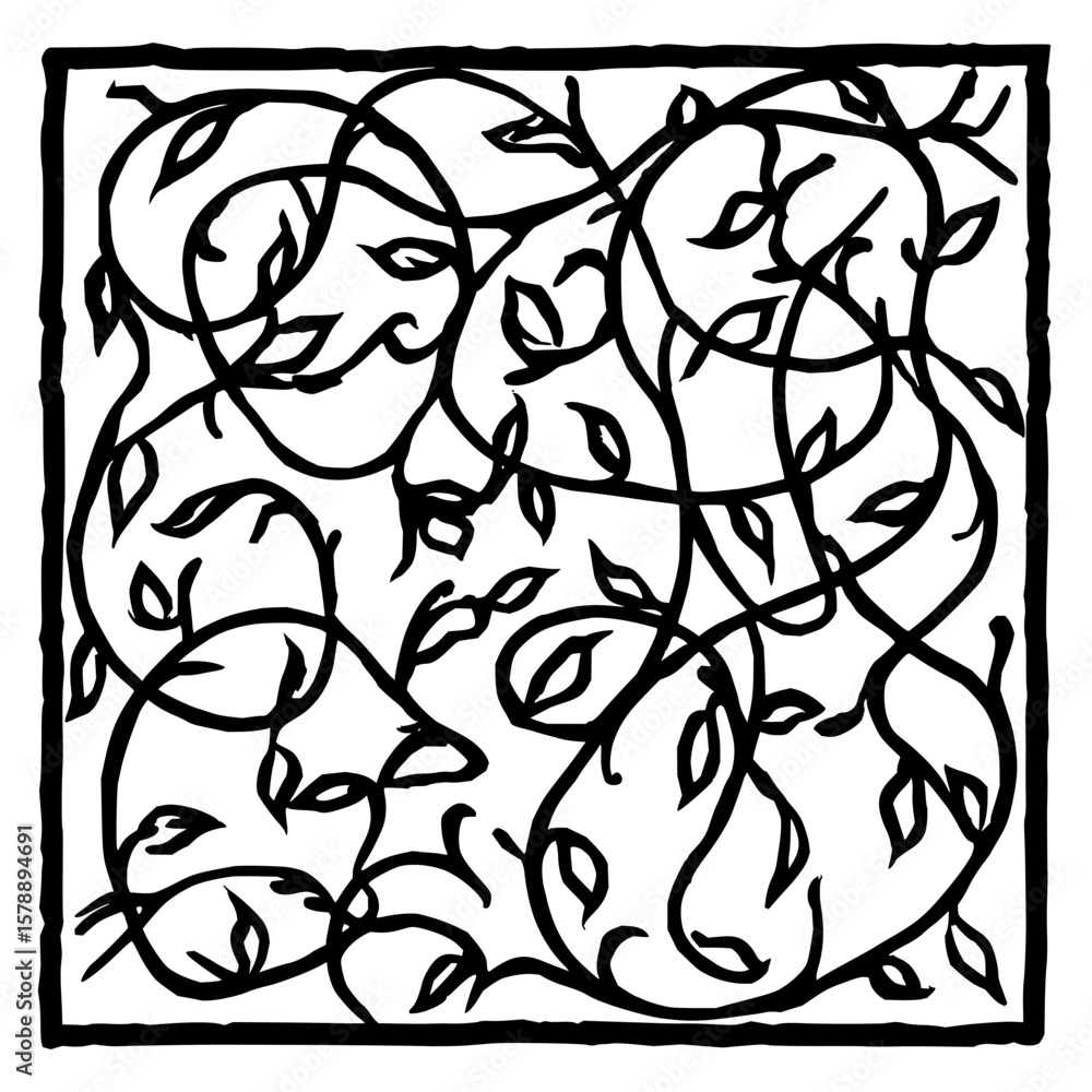 Poster intricate botanical design featuring intertwining vines and leaves within a square border pattern ar