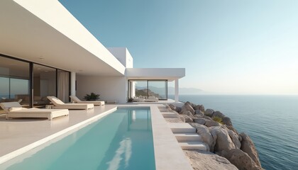 Modern luxury mansion with swimming pool near sea in Greece. Minimalist architecture with white walls, panoramic windows, sunbeds. Vacation home, villa with sea view, outdoor terrace with rocks,