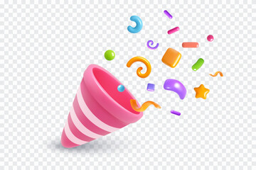3D pink striped party popper with colorful confetti burst