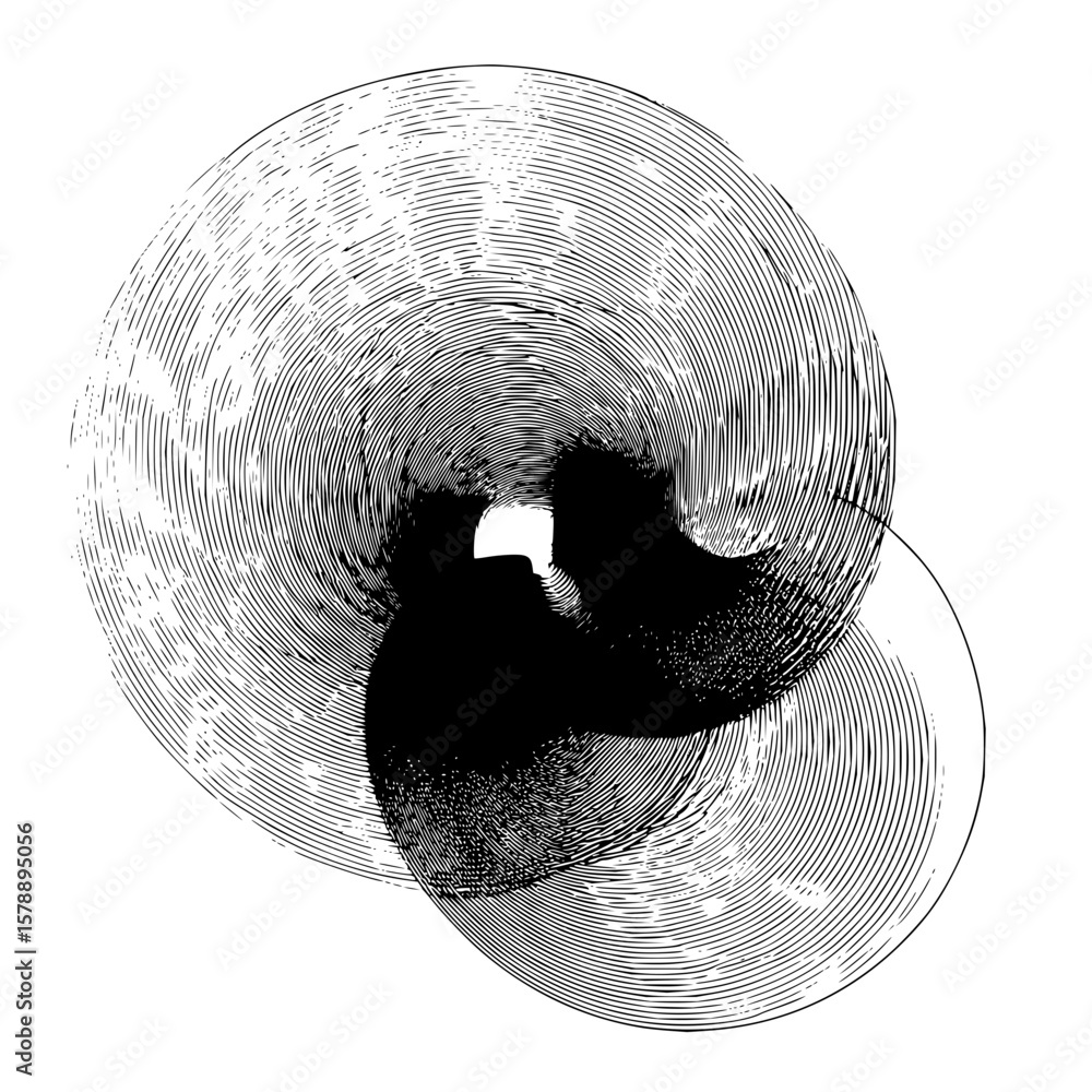 Aufkleber three overlapping circles with a spiral pattern and a dark central amorphous shape design element