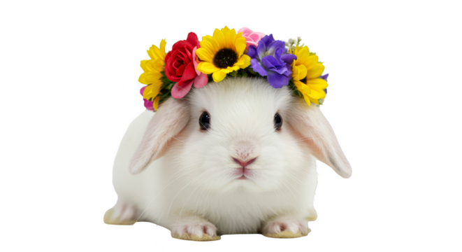 Cute Bunny with Floral Wreath Transparent Background Spring Easter Animal