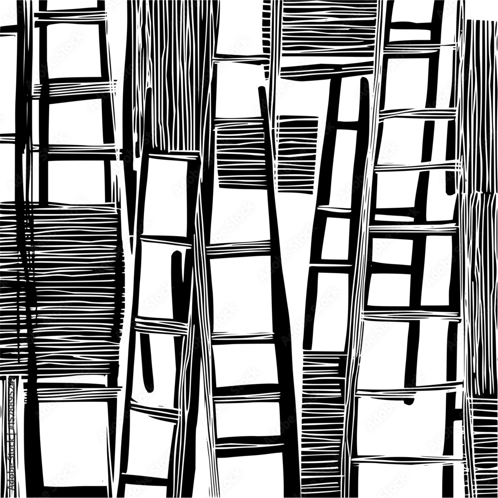 Poster abstract black and white illustration featuring ladder like structures and linear patterns