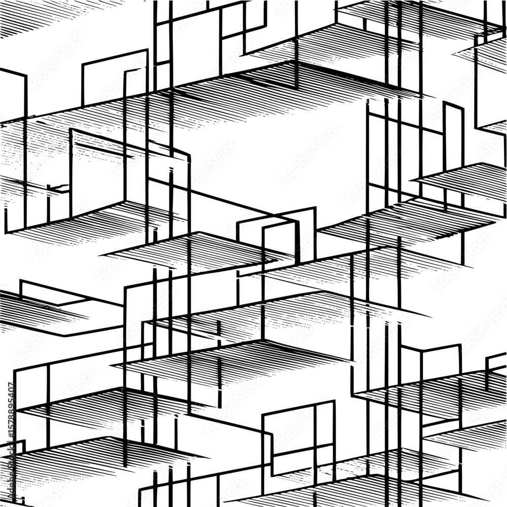 Poster abstract perspective view of intersecting rectangles and lines with hatched shading creates illusion