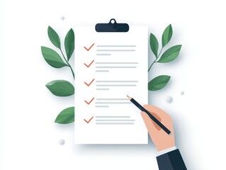Business lawyer professional concept. Checklist with checkmarks and a hand holding a pen, surrounded by green leaves.