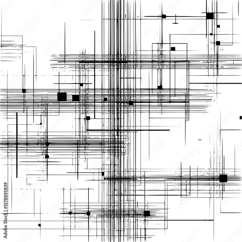 Poster abstract composition of intersecting black lines and squares on a white background creating a grid p
