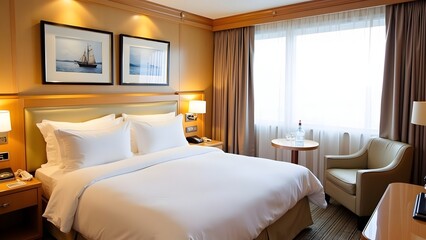 Comfortable hotel room with a large bed armchair and window with sheer curtains