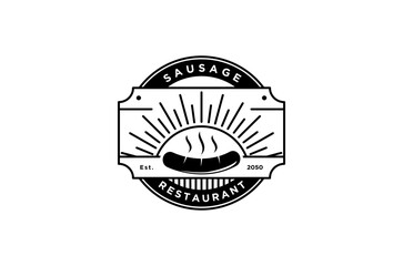 BBQ grill smoke A monochrome logo for a sausage restaurant.  Vintage style emblem. vector illustration.