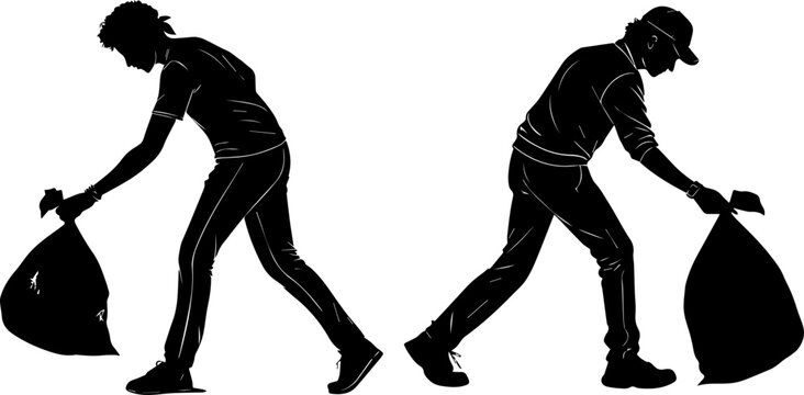 People Carrying Trash Bags: Silhouettes of Volunteers Cleaning Up or Disposing Waste - Powered by Adobe