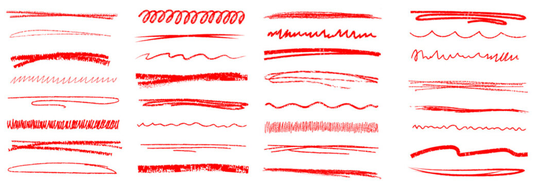Сrayon or chalk red brush underline stroke set. Big collection of charcoal texture red pencil highlight stroke for accent, emphasis effect. Vector illustration