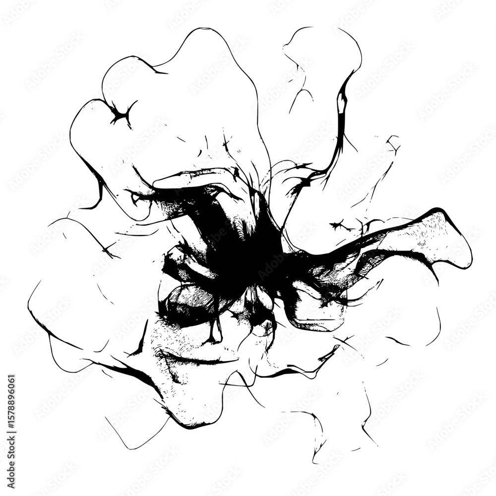 Poster abstract black ink blot with swirling lines and irregular shapes on a white background creating cont