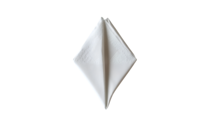 A white folded napkin in a diamond shape against a transparent background in a centered composition view