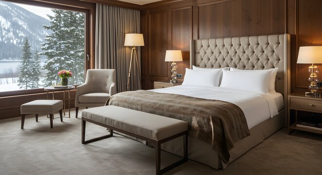 Luxurious hotel bedroom with a stunning winter mountain lake view and cozy seating area