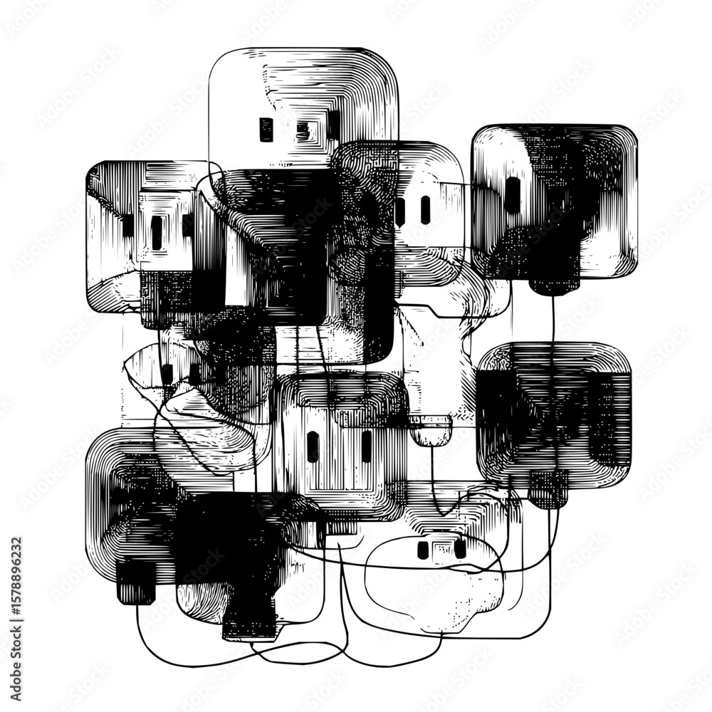 Poster illustration of a complex network of interconnected square shaped figures with faces and line detail