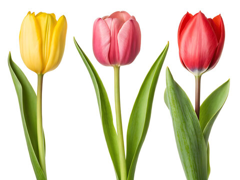 Three tulips in a row with a yellow tulip a pink tulip and a red tulip on a white background shot close up - Powered by Adobe