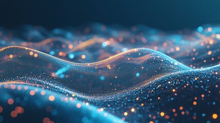 Abstract digital waves of information swirling with orange and blue bokeh effect