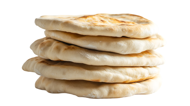 A stack of freshly baked pita bread with golden brown spots on a transparent isolated background view