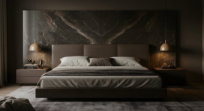 Luxurious bedroom interior with a large bed marble headboard and warm ambient lighting