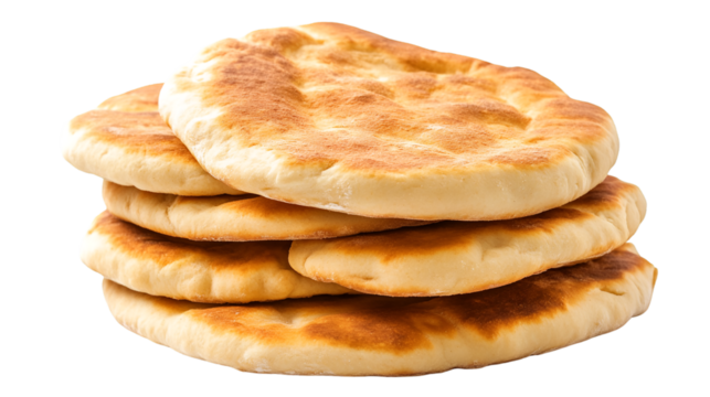 A stack of freshly baked flatbreads with golden brown crusts against a transparent background close up view