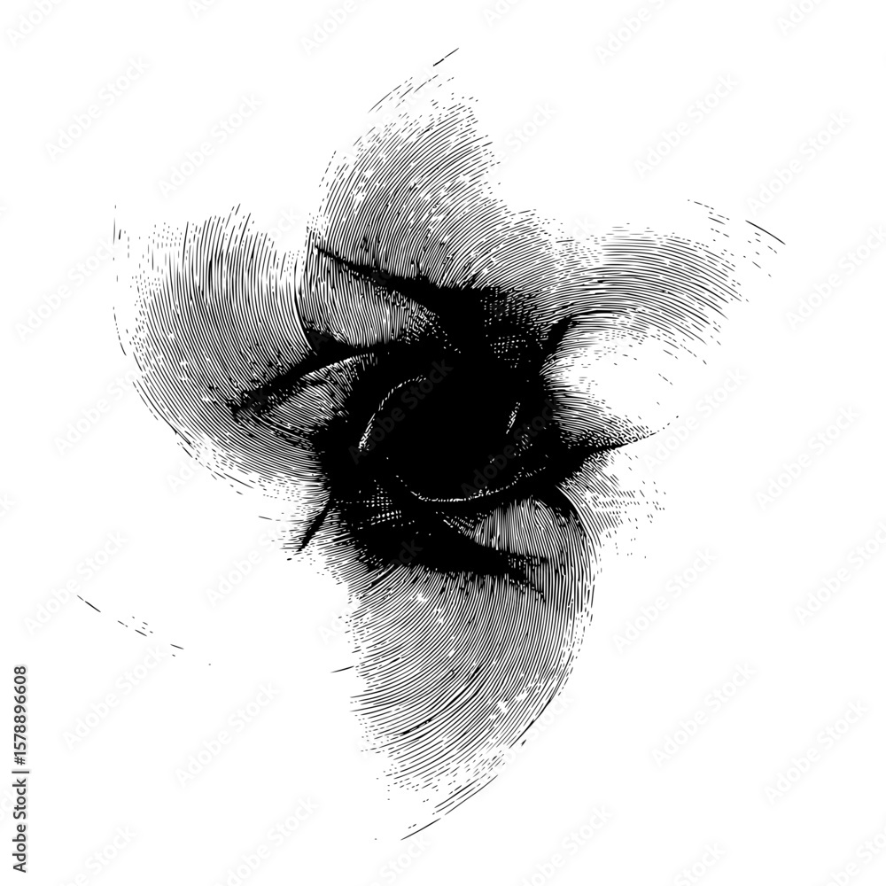 Poster abstract black and white swirl pattern with radial lines creating a dynamic and textured design elem