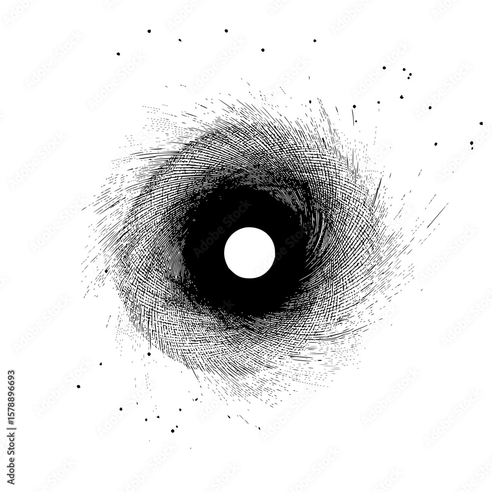 Poster abstract vortex with a central white circle and surrounding black lines radiating outwards creating 