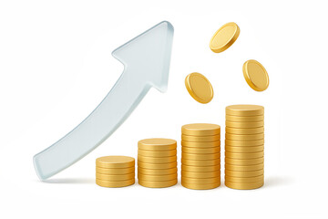 Coins and Arrow 3D Stock Market Analysis in PNG transparent background with Growth Arrow and Financial Investment Data.