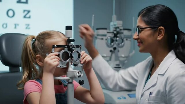 A young girl is having an eye exam with a female doctor in an office