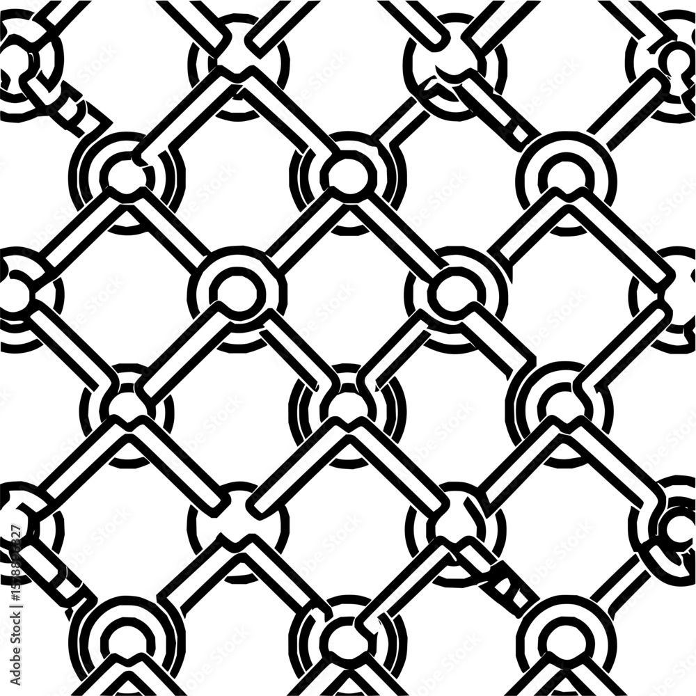 Poster a repeating pattern of black circles connected by squares on a white background creating a net desig