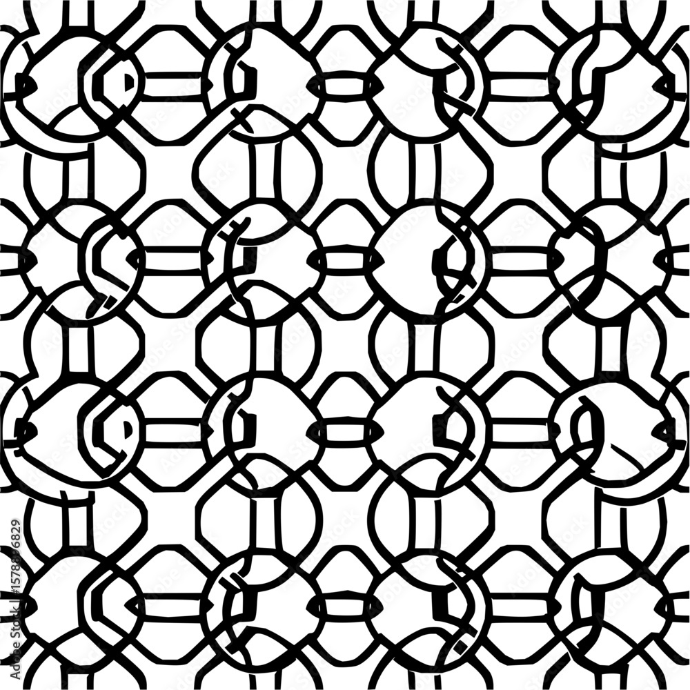 Poster intricate black and white pattern featuring interconnected circles and geometric shapes repeating ac