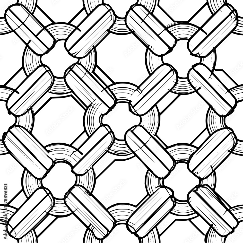 Poster monochrome pattern featuring circles and rectangles in a repeating geometric design with bold outlin