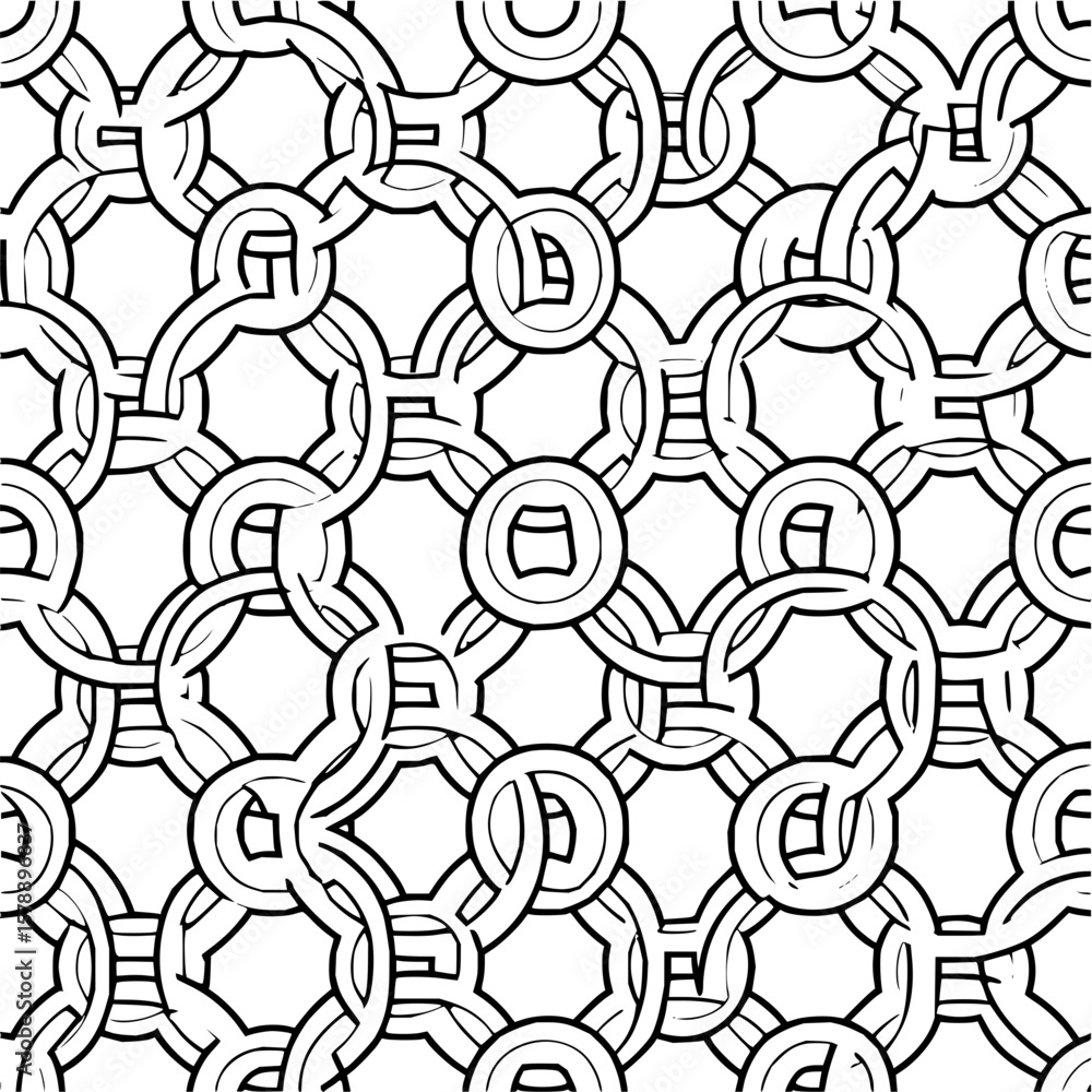 Poster seamless pattern of interlocking circles and shapes in black and white creating a chain like effect